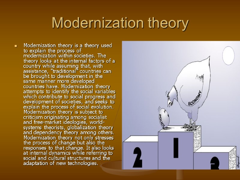 Modernization theory Modernization theory is a theory used to explain the process of modernization